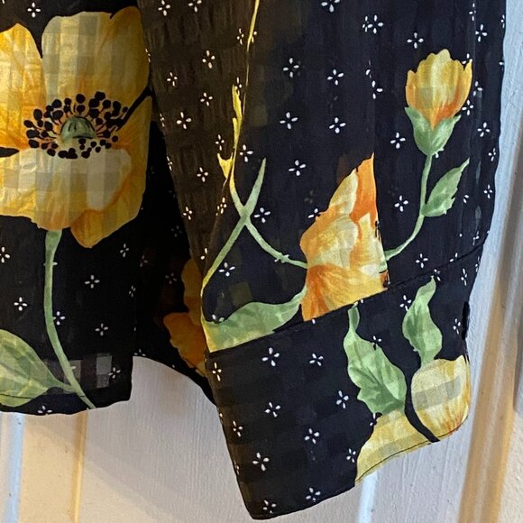 Alfred Dunner Sz 18 (XL) Blouse Button Up Short Sleeve Black Yellow Poppies - Picture 4 of 10
